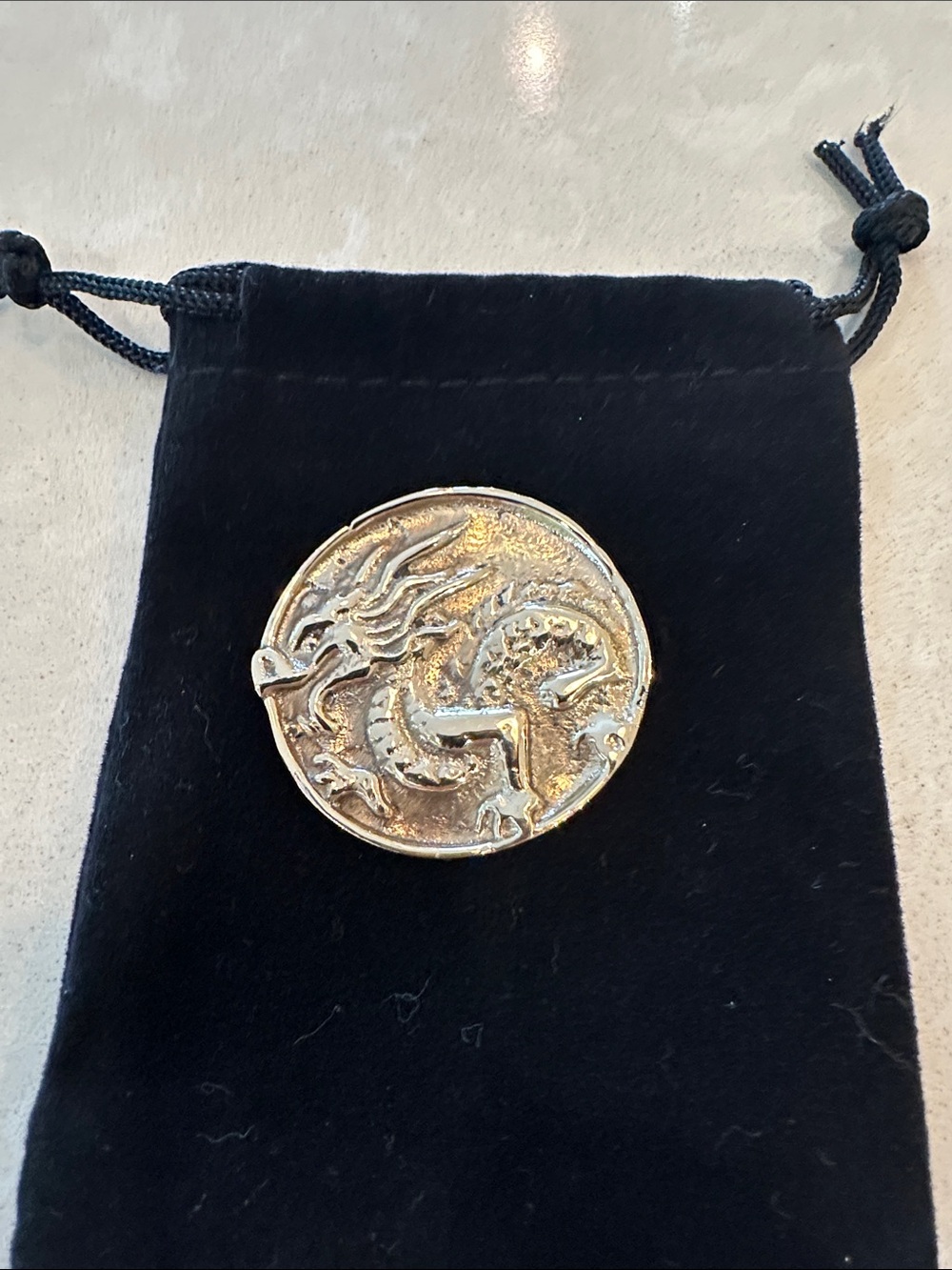 Dragon Coin Pendant Pin - Gold Tone
